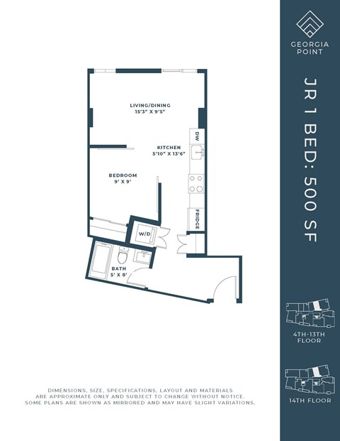 Floor plan for studio, 1 bath